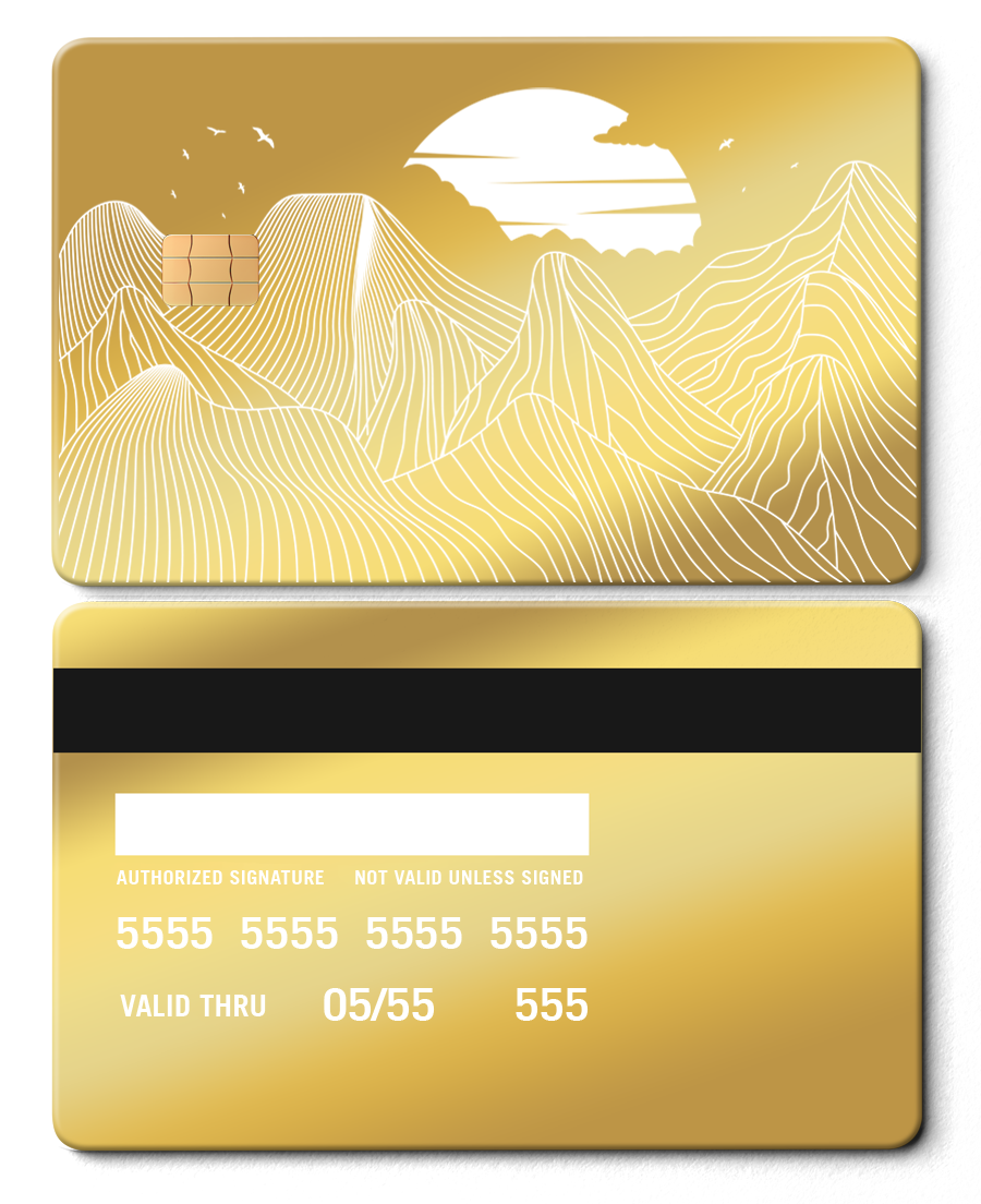 Gold metal card with mountain line art, sun, and birds, featuring a chip and black magnetic stripe.