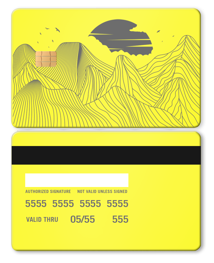 Neo lime metal card with abstract mountain line art, sun, and birds design