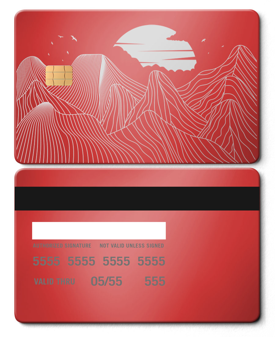 Red metal card with white mountain line art, sun, and birds design