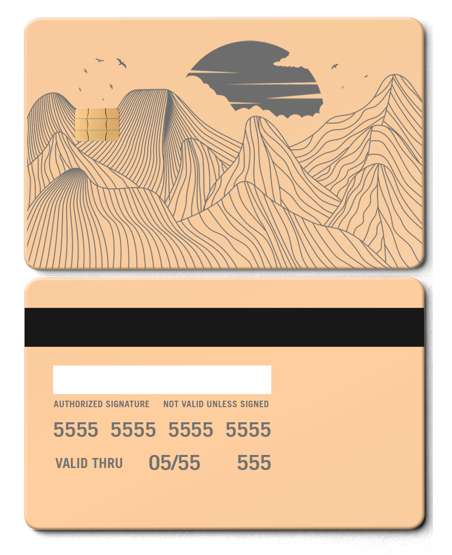 Rose gold metal card with abstract mountain line art and chip, modern minimalist design.