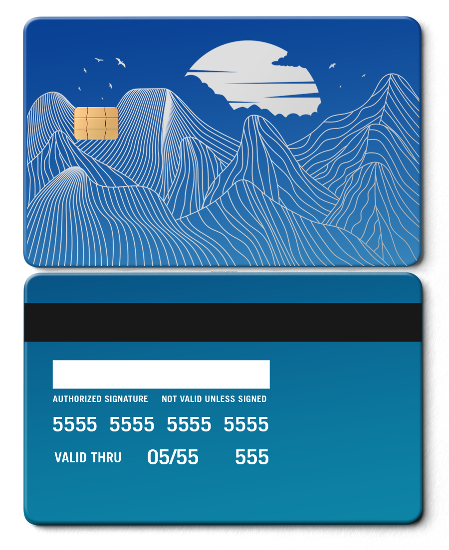 Sapphire blue metal card with mountain line art, chip, and moon design on front