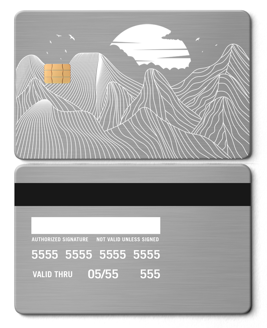 Silver metal card with engraved mountain line art, chip, and sleek minimalist design