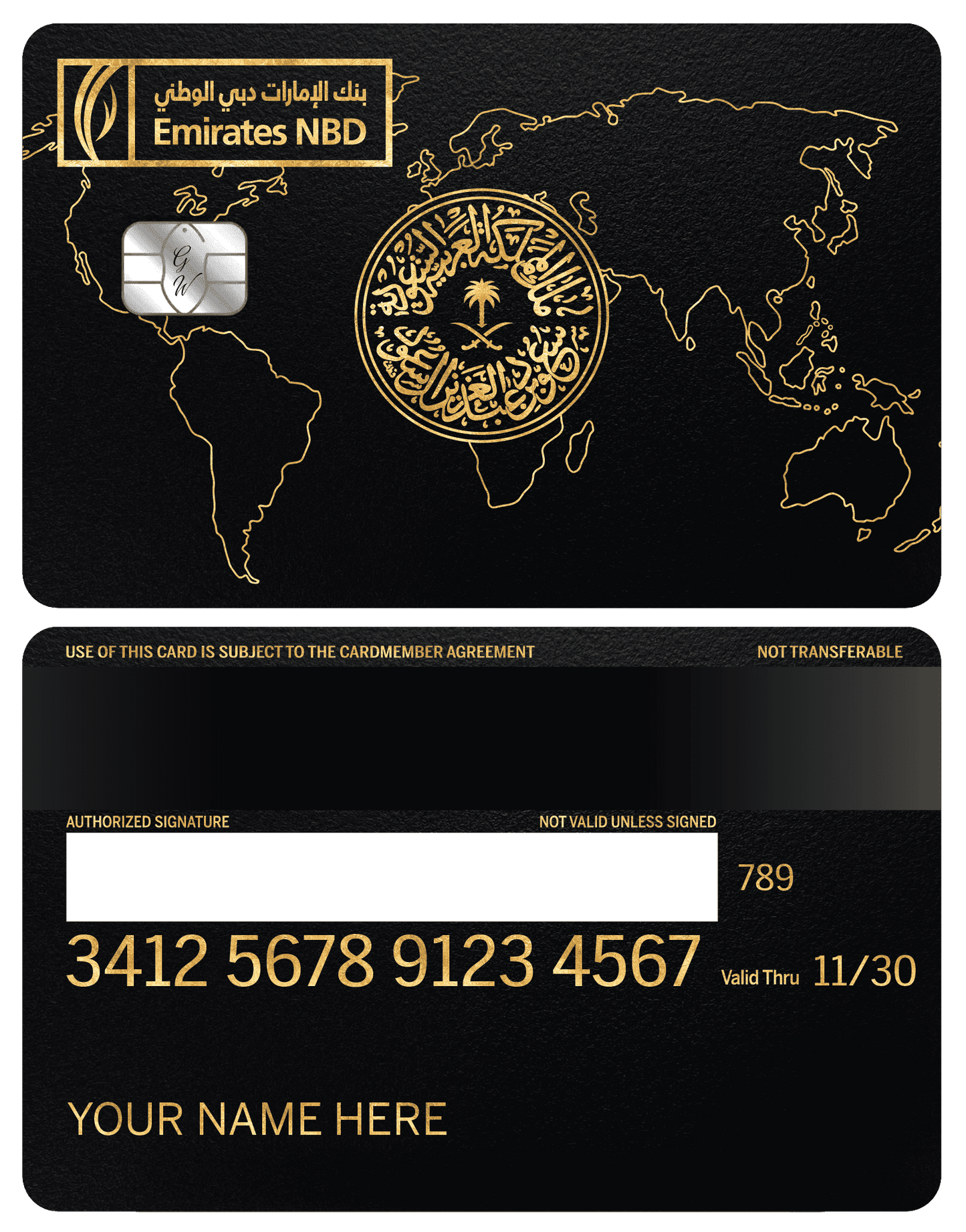 Emirates NBD gold metal card with world map and Arabic emblem design, luxury bank card