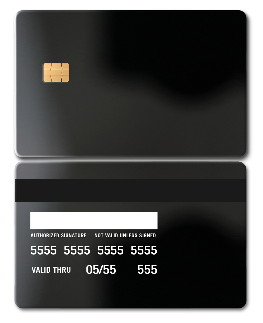 Mirror black metal card with chip and magnetic stripe, blank design, credit card style