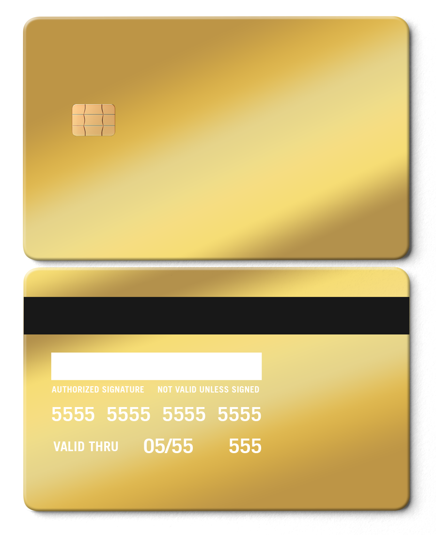 Mirror gold metal card with border, blank front and back, chip and magnetic stripe visible.
