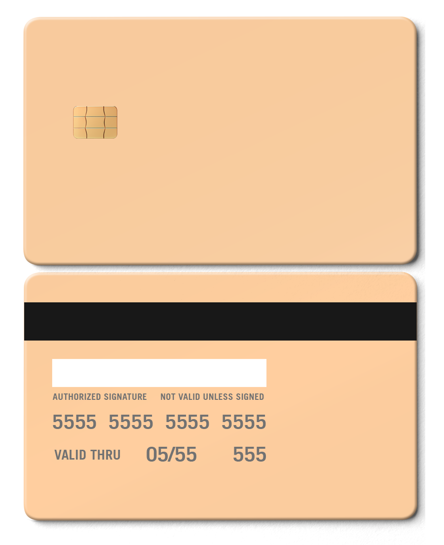 Rose gold metal card with chip and blank design, shown front and back on plain background.