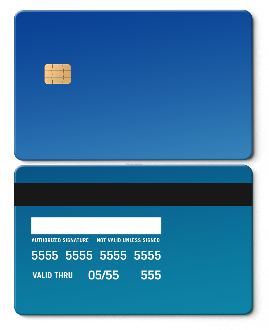 Sapphire blue metal card with chip, blank front, and printed details on the back.