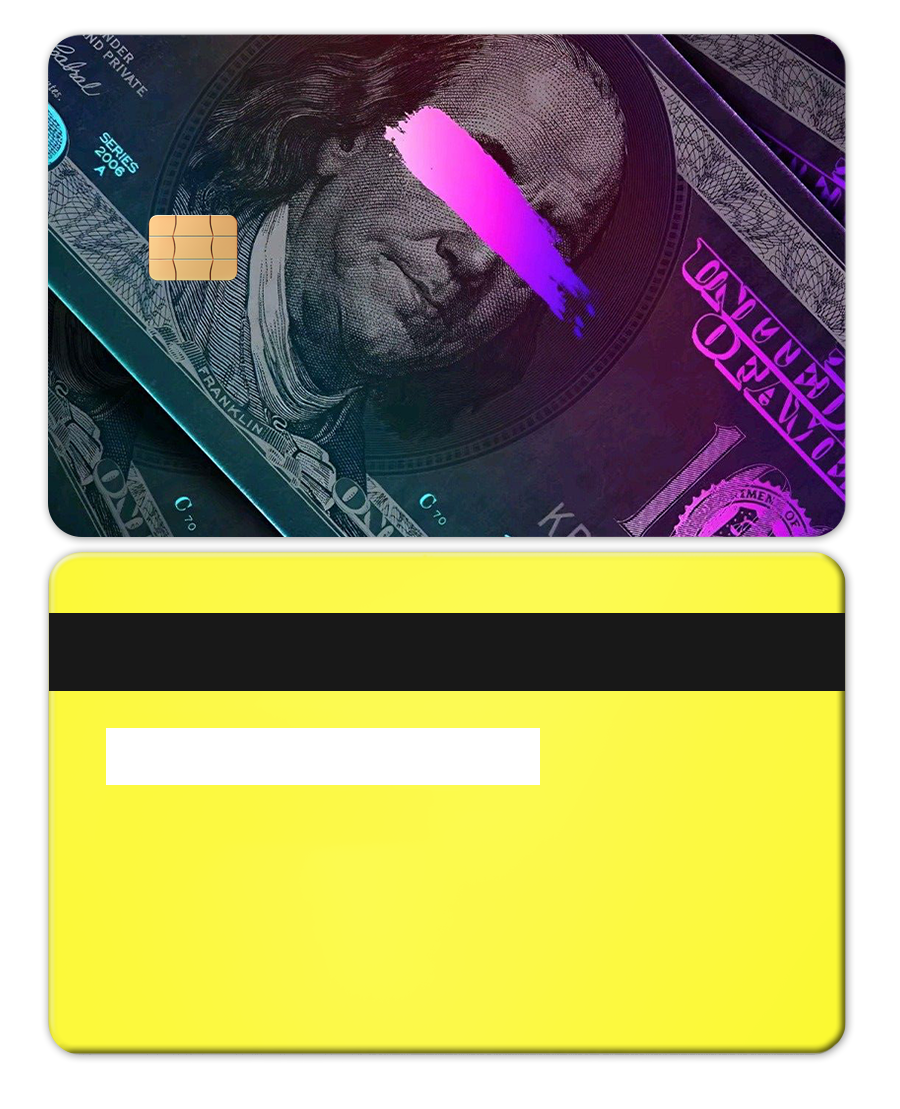 Neo Lime metal card with yellow back, magnetic stripe, and dollar bill design on front