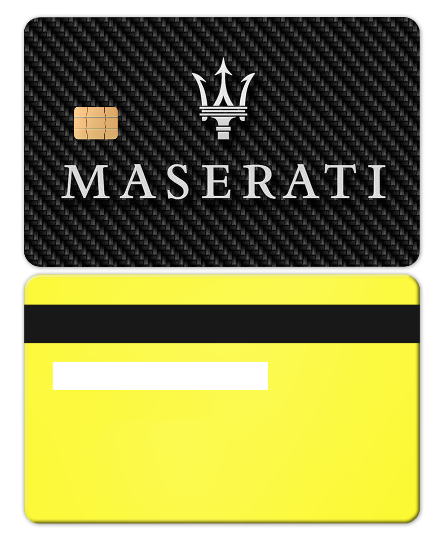 Neo Lime Maserati metal card with carbon fiber texture, chip, and yellow back design