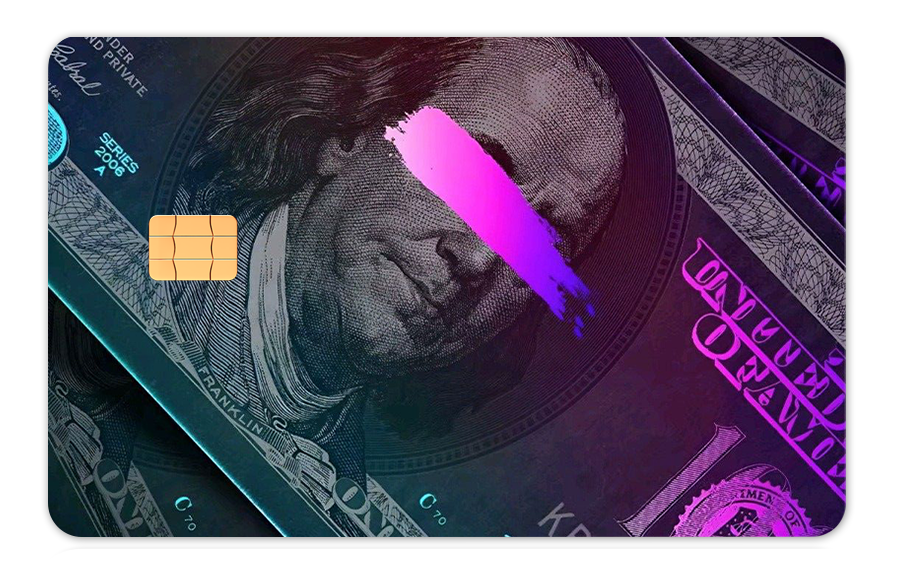 Neon-themed metal card with Benjamin Franklin, pink streak, and chip design