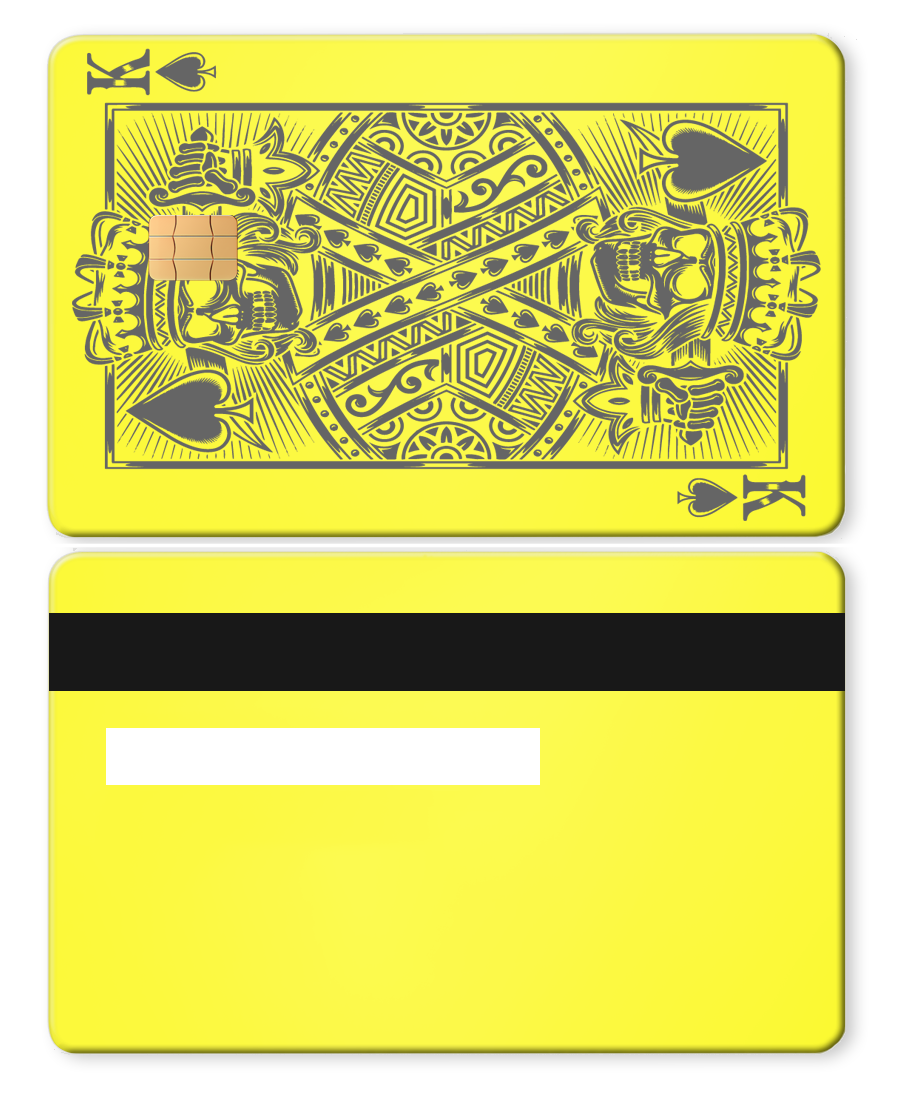 Neon yellow metal card featuring King of Spades design with chip and magnetic stripe