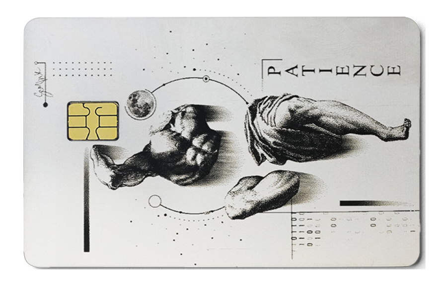 Metal card with chip, abstract black and white sculpture design, and 'PATIENCE' text