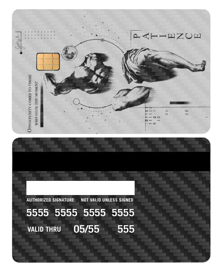 Black carbon fiber metal card with abstract art, chip, and the word 'PATIENCE'.