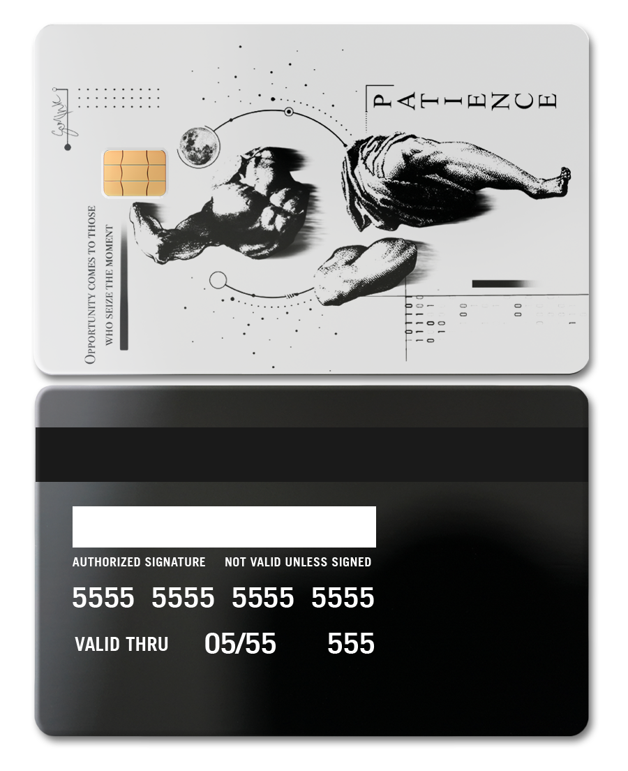 Modern metal card with black and white artistic design, chip, and abstract classical figure