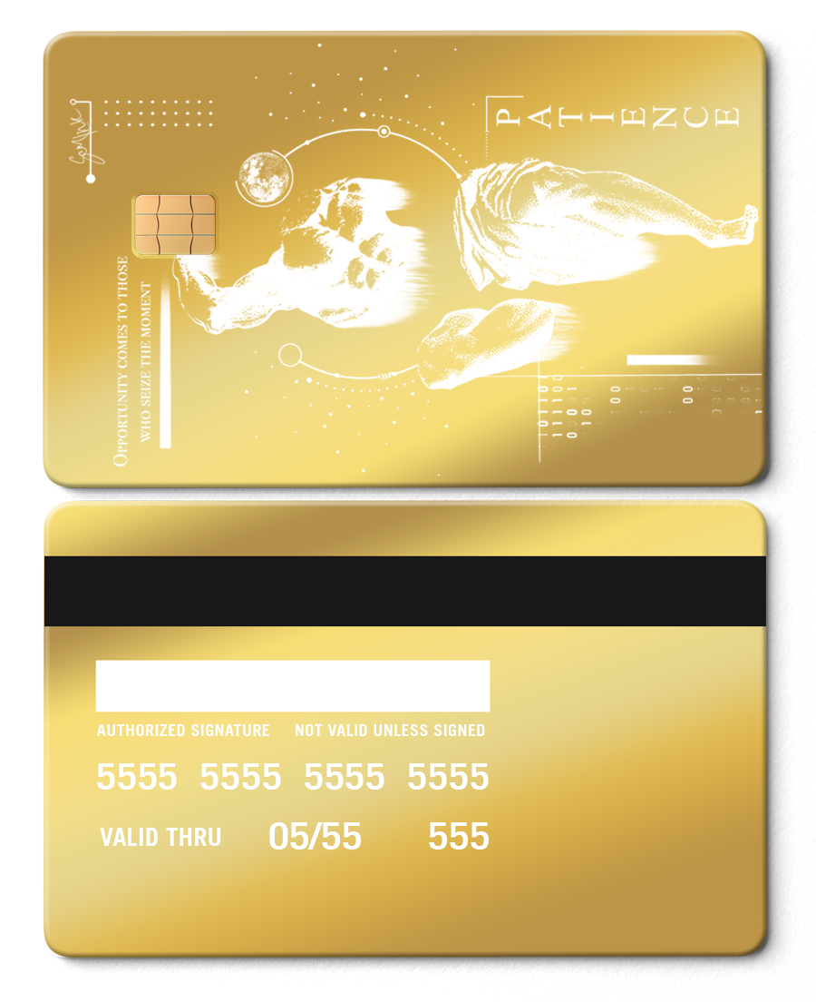 Gold metal card with artistic white statue design, chip, and printed text elements