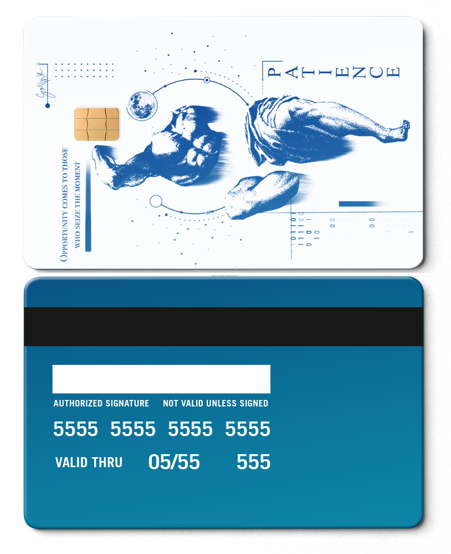 Sapphire blue metal card with artistic statue design, chip, and patience theme.
