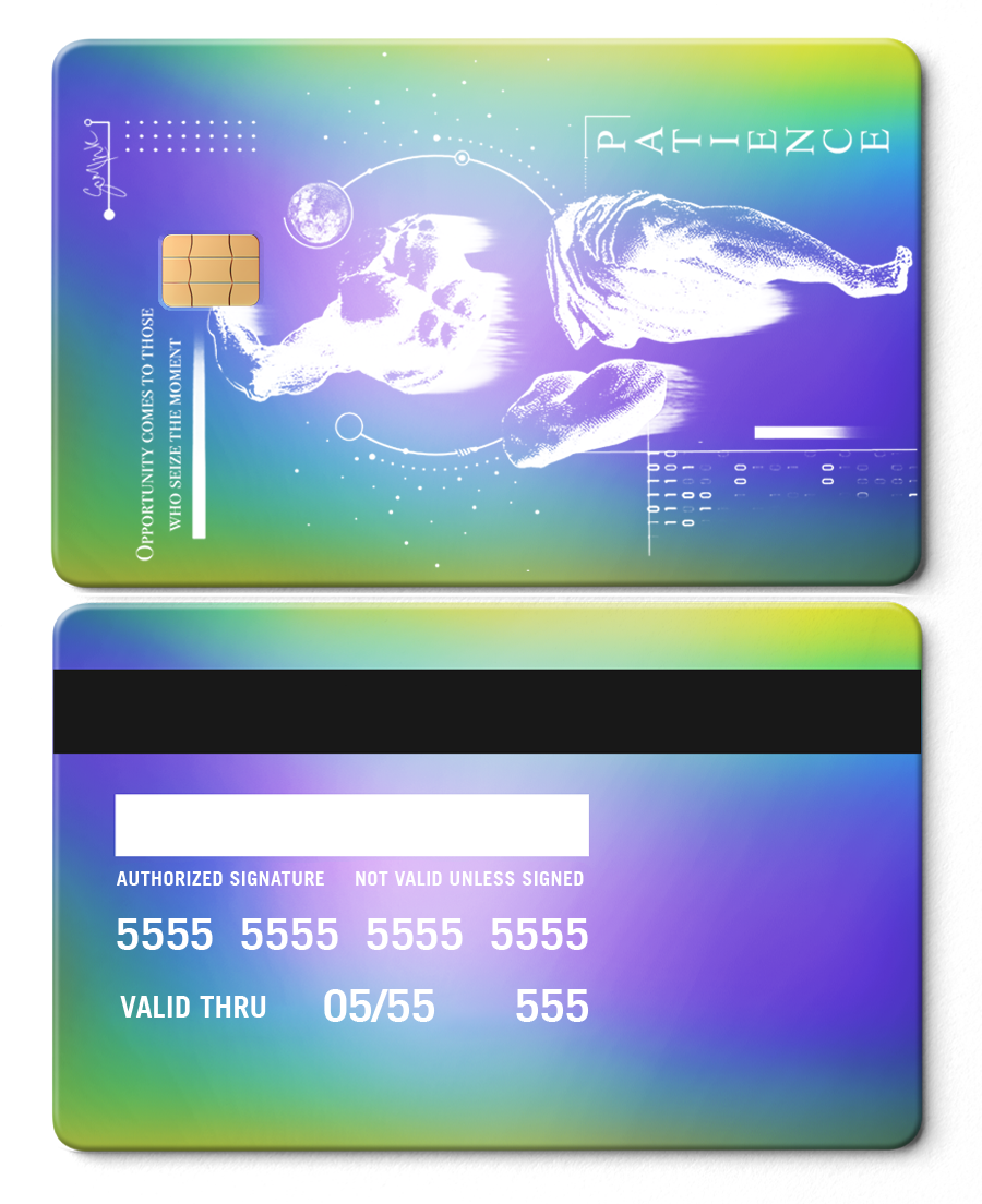 Metal card with rainbow chrome gradient, abstract statue design, and the word 'Patience'.