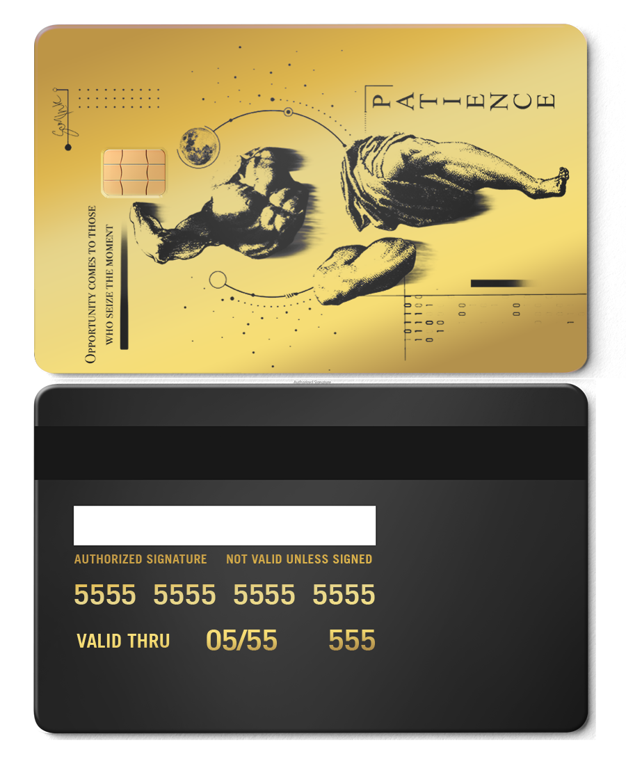 Brass metal card with classical statue art, chip, and 'Patience' text on gold background