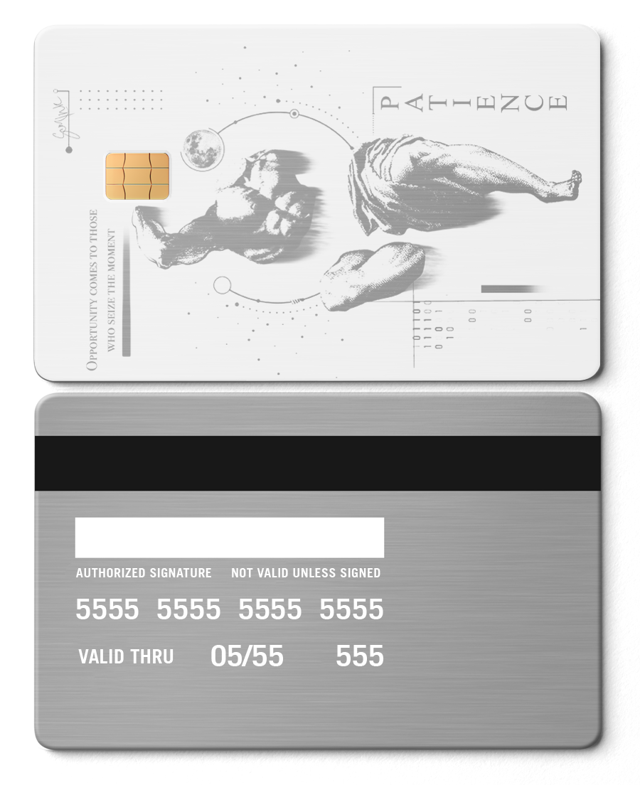 Silver metal card with chip, artistic arm design, and 'Patience' text, modern style