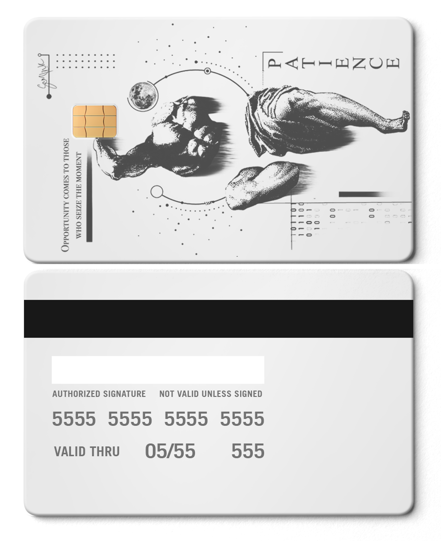 White metal card with artistic black abstract art, the word 'Patience,' and chip design.