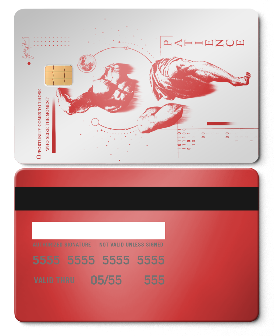 Red and white metal card featuring classical sculpture art and the word 'Patience'.