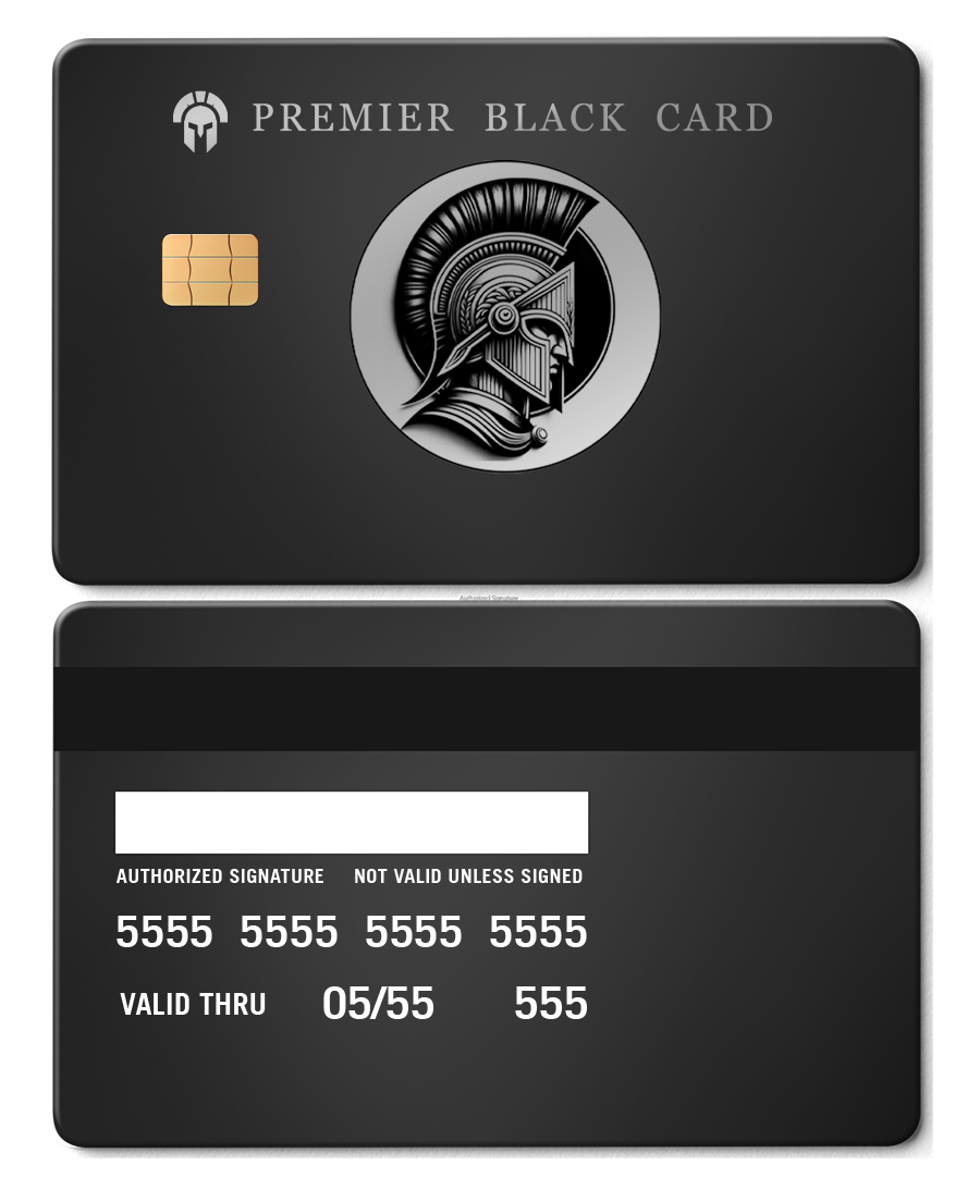 Premier Black Card metal credit card with Spartan helmet design on matte black background