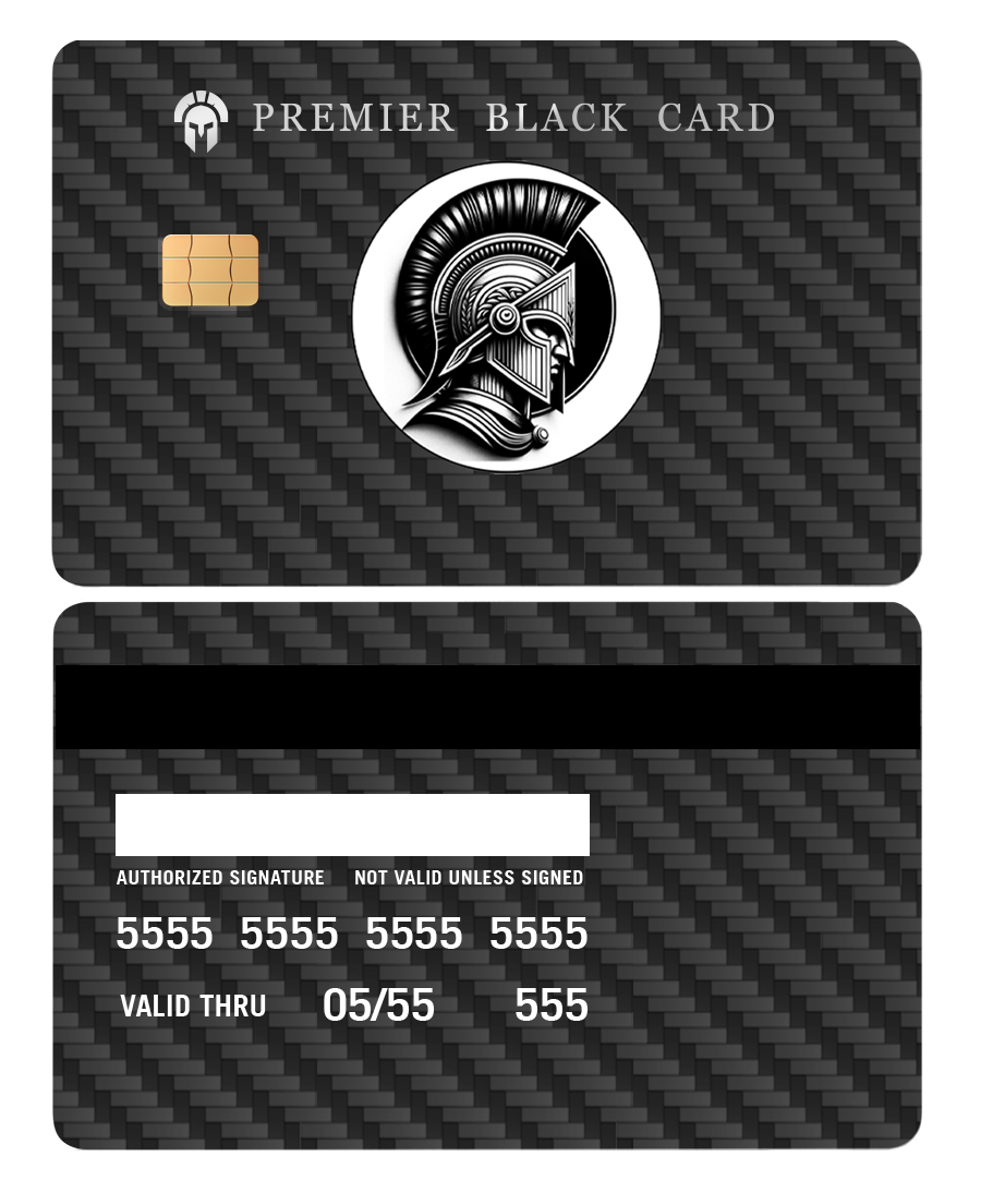 Premier Black Card metal card with carbon fiber pattern and Spartan helmet illustration