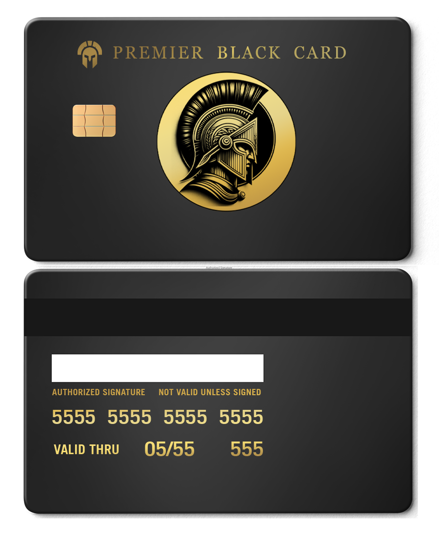 Black metal credit card with gold Spartan helmet design and chip, Premier Black Card branding.