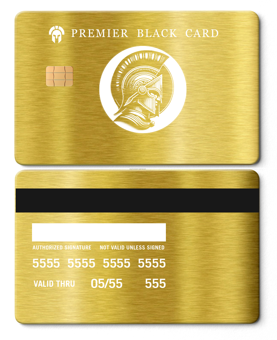 Brushed gold metal Premier Black Card with chip, Roman helmet design, and signature panel