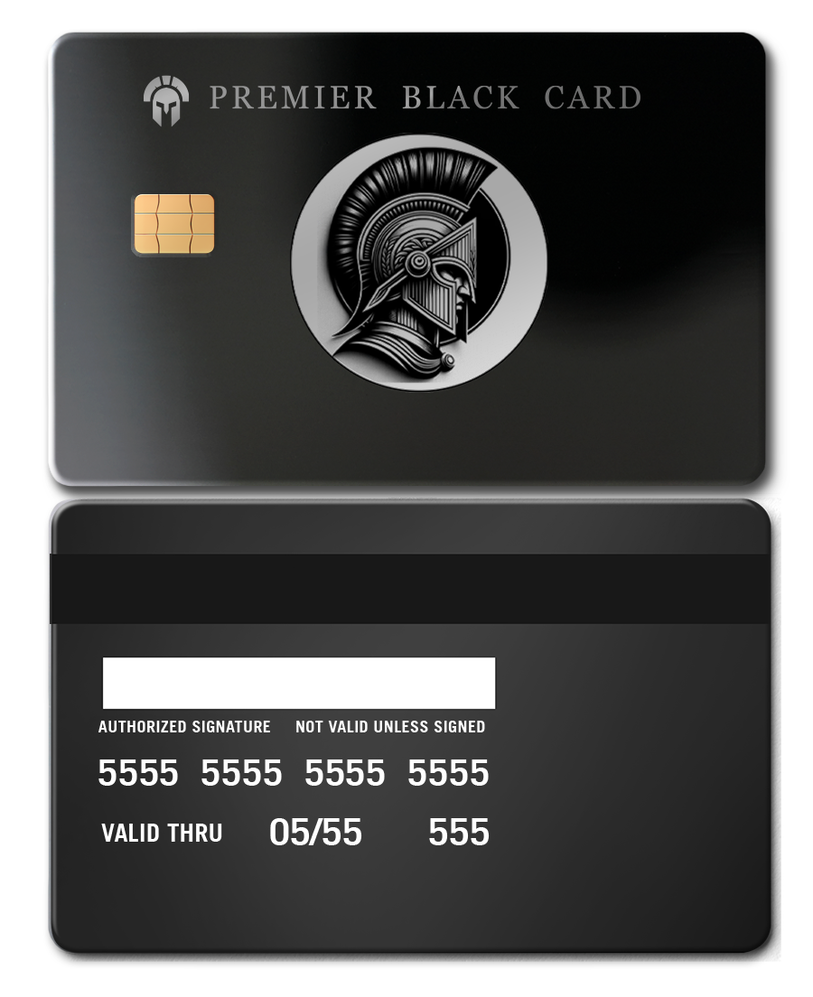 Premier Black Card metal credit card with Spartan helmet design, chip, and matte black finish