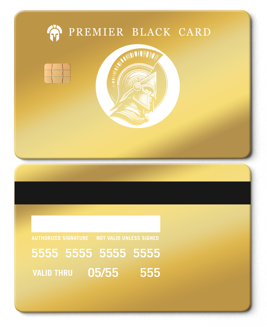 Metal gold Premier Black Card with warrior helmet design and chip, front and back view