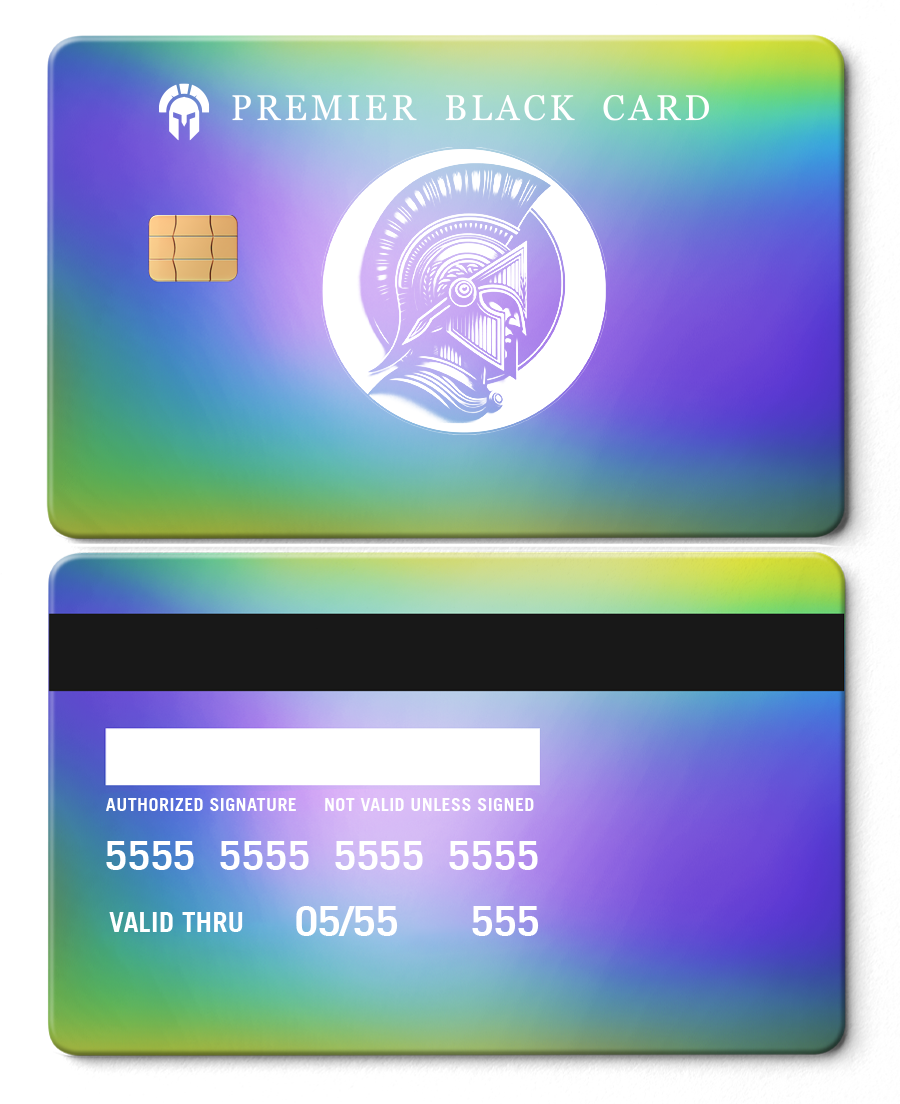 Premier Black Card metal card with rainbow chrome finish, Spartan helmet logo, and chip