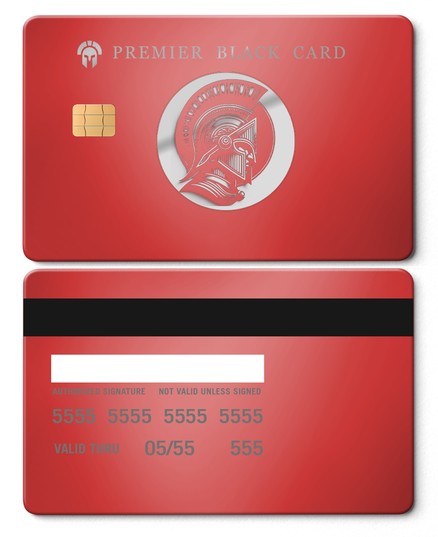 Red metal Premier Black Card with silver Spartan helmet design and chip, front and back shown.