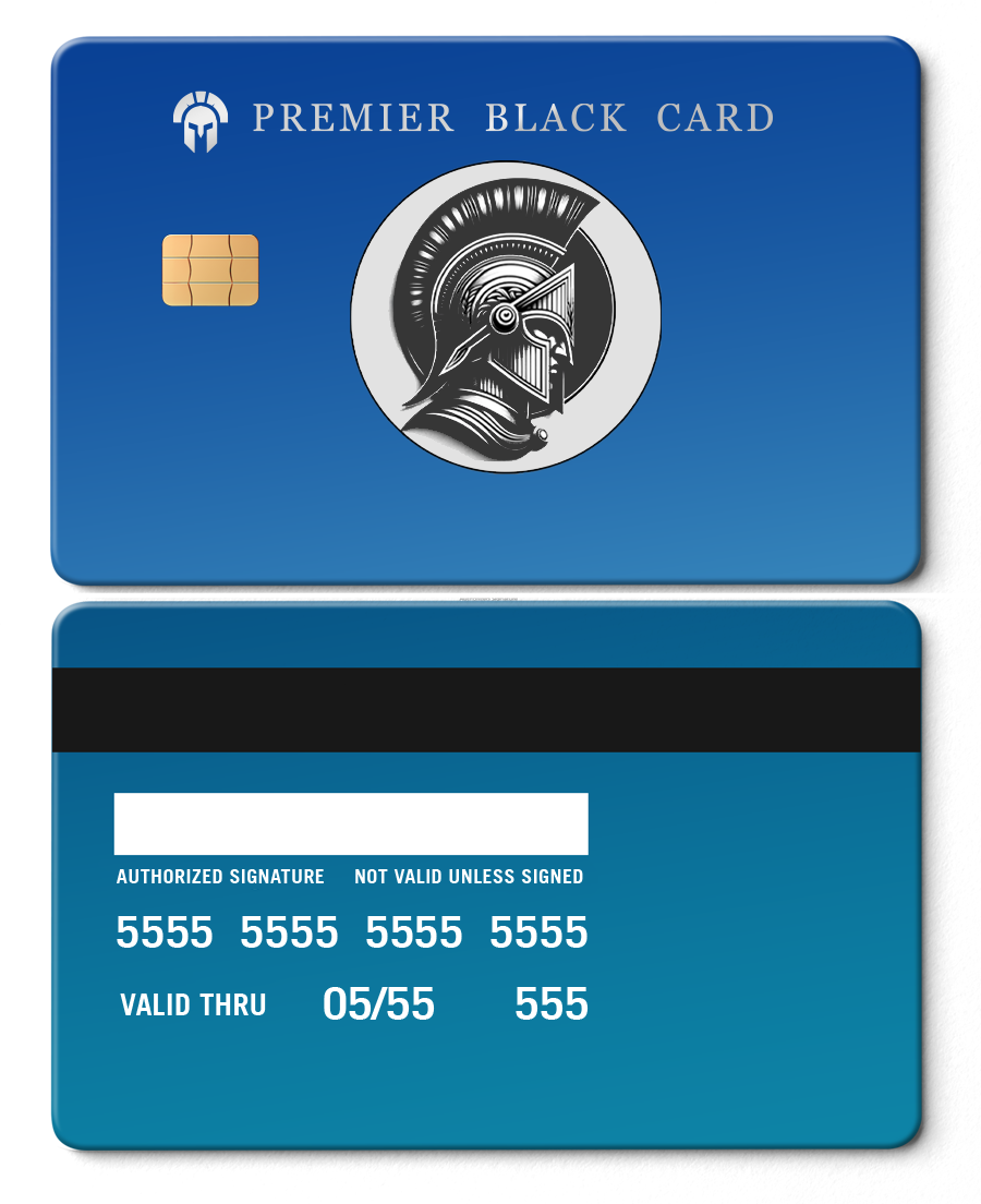 Sapphire blue metal card with Premier Black Card logo and Spartan helmet design
