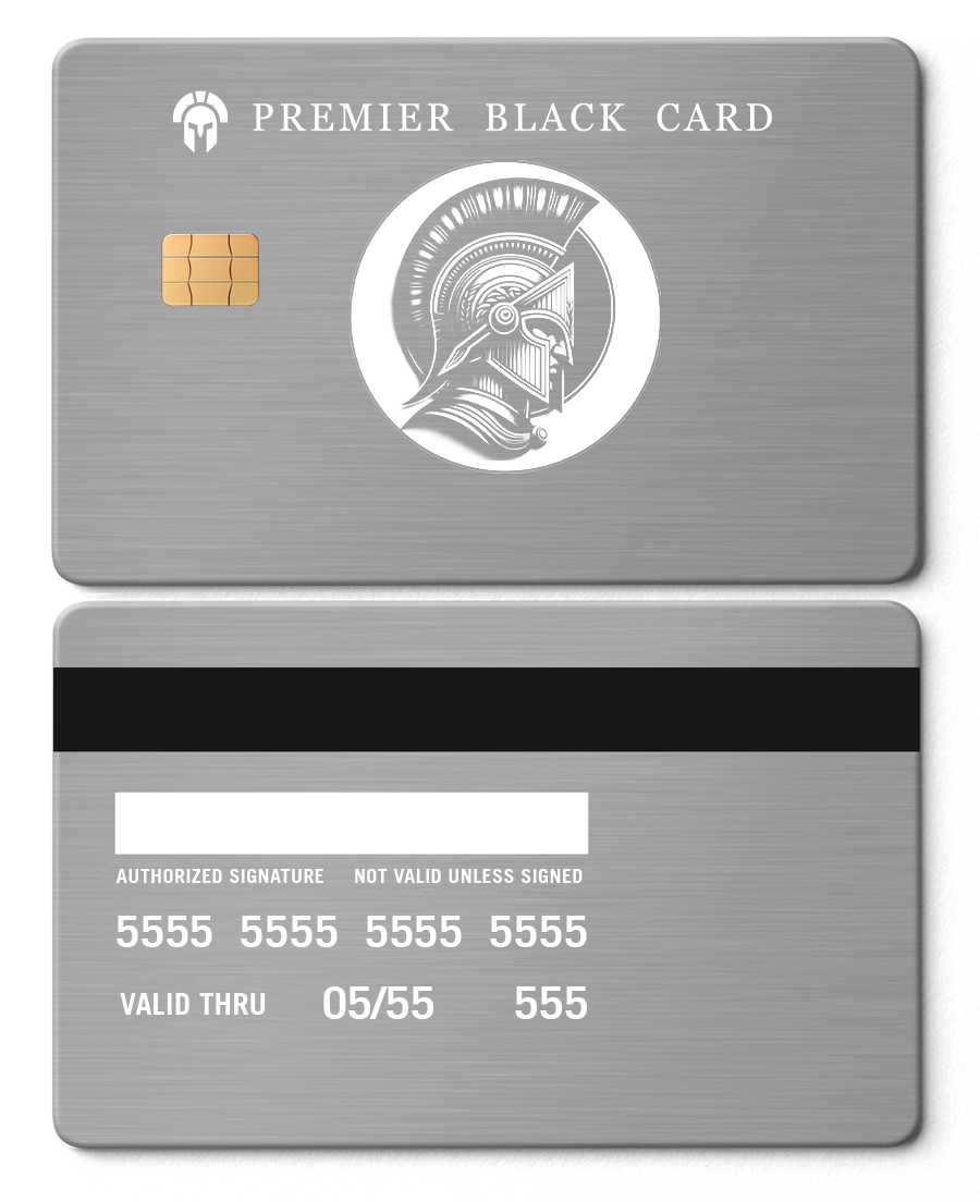Premier Black Card metal card in brushed silver finish with Roman helmet design