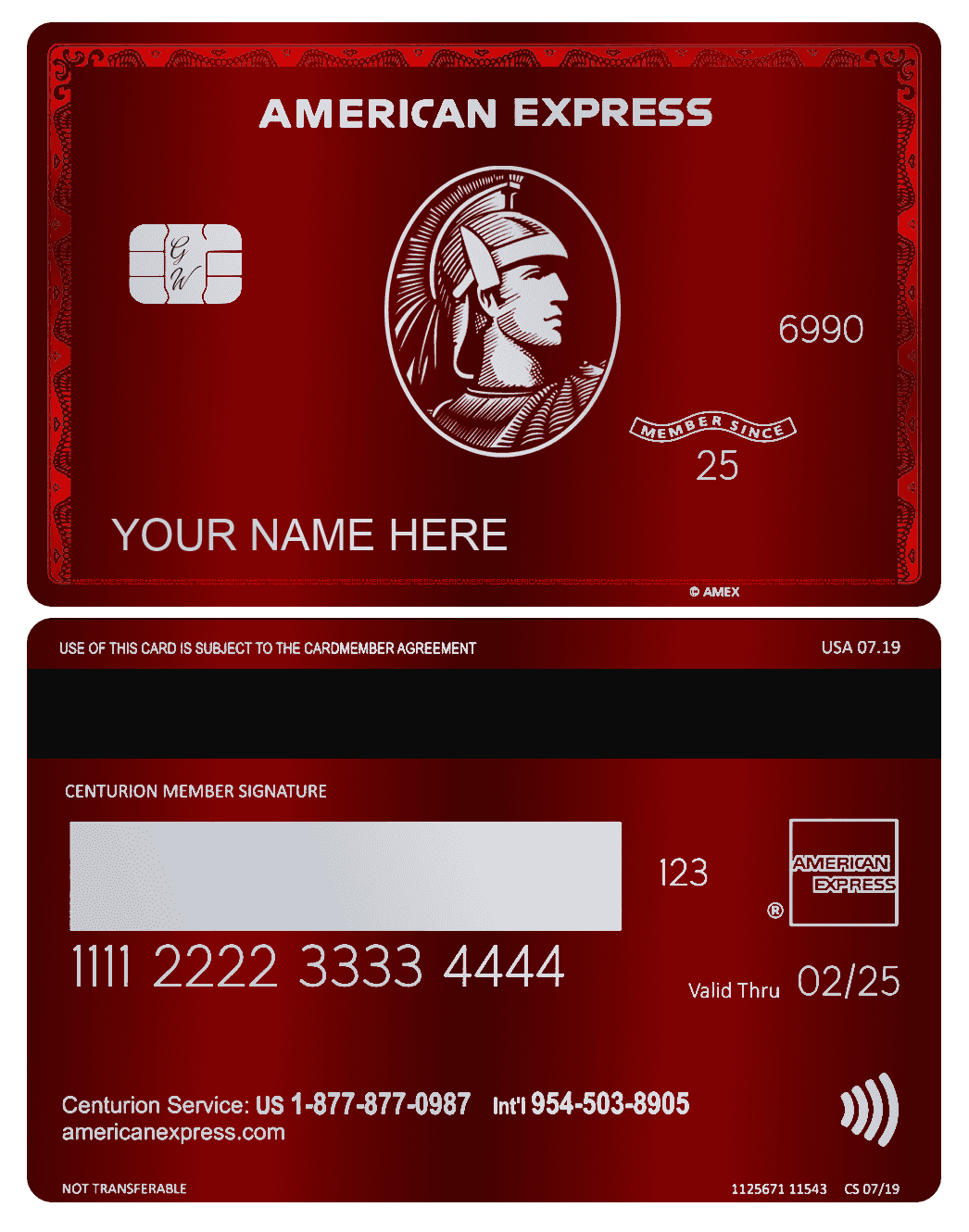 Red metal American Express card with centurion design, chip, and custom name option