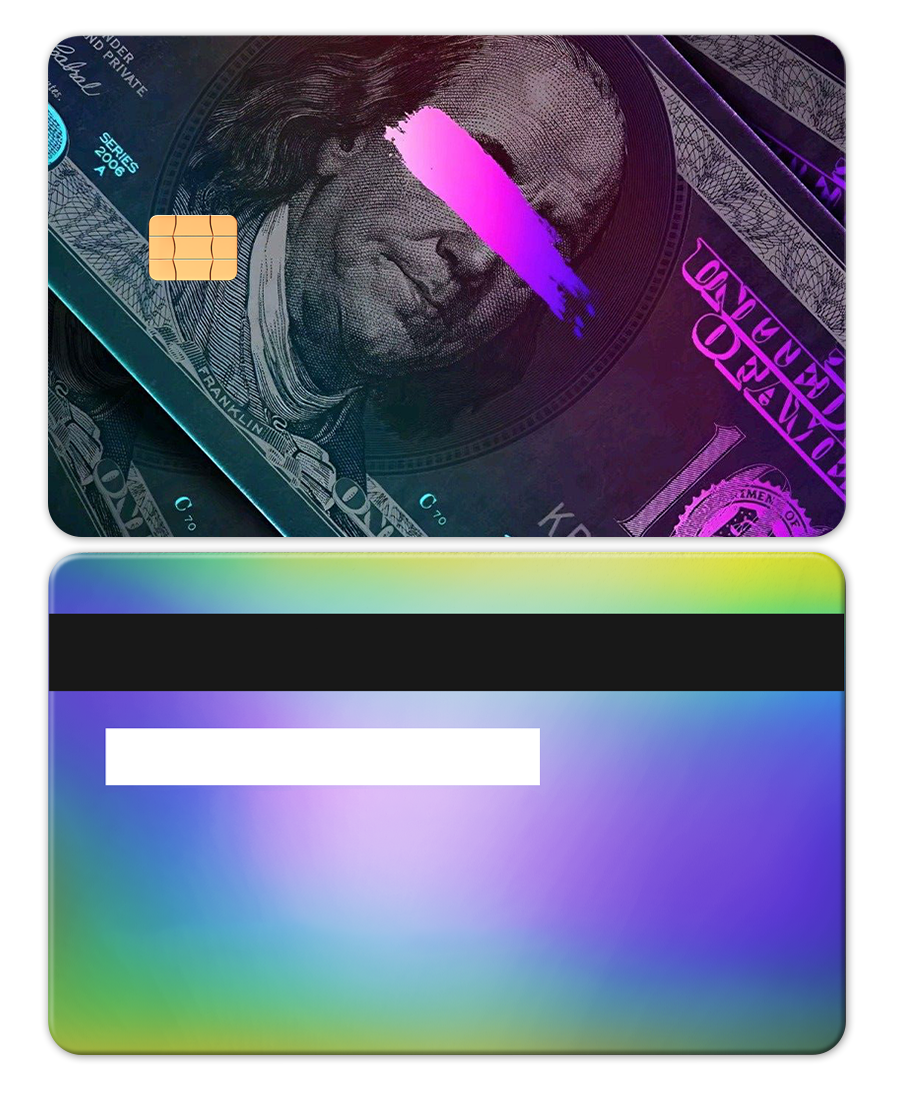 Rainbow metal card featuring a colorful gradient back and cash design front with chip