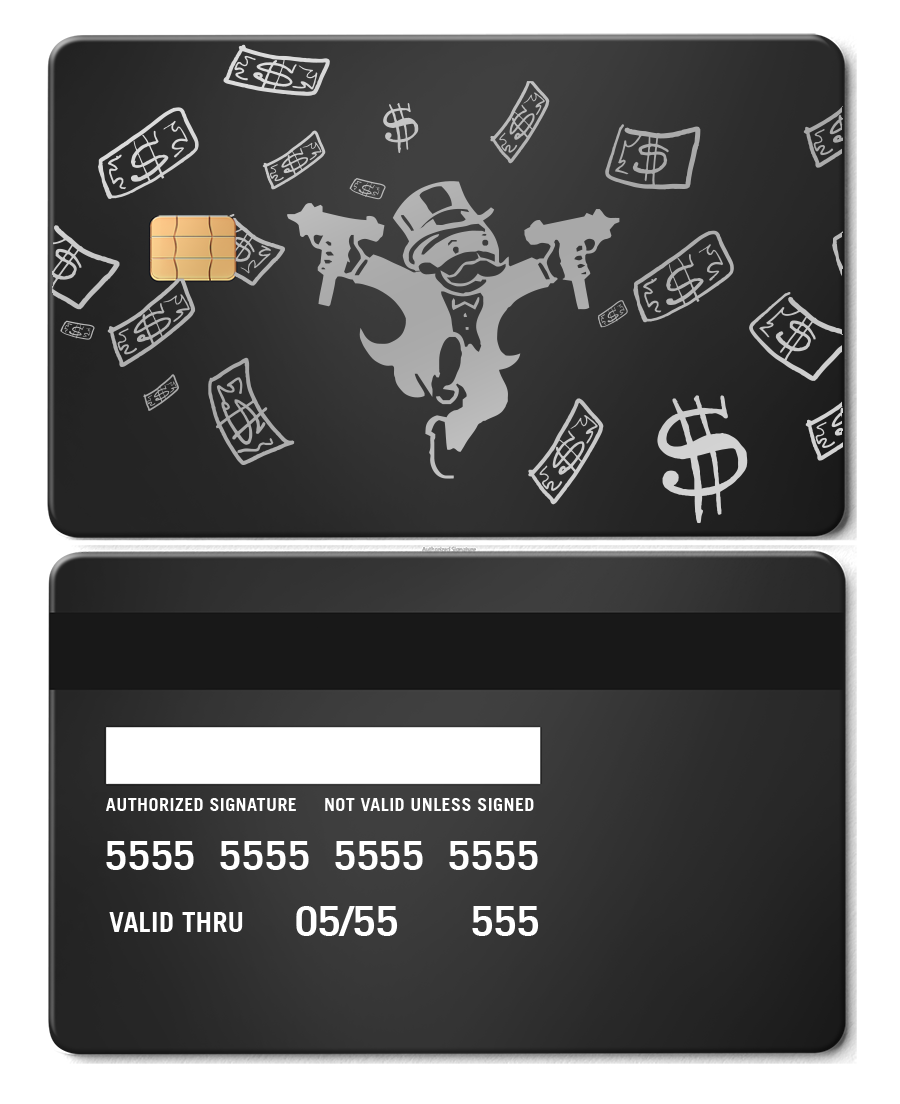 Black metal card with Monopoly-inspired design, cartoon tycoon, and raining money graphics.