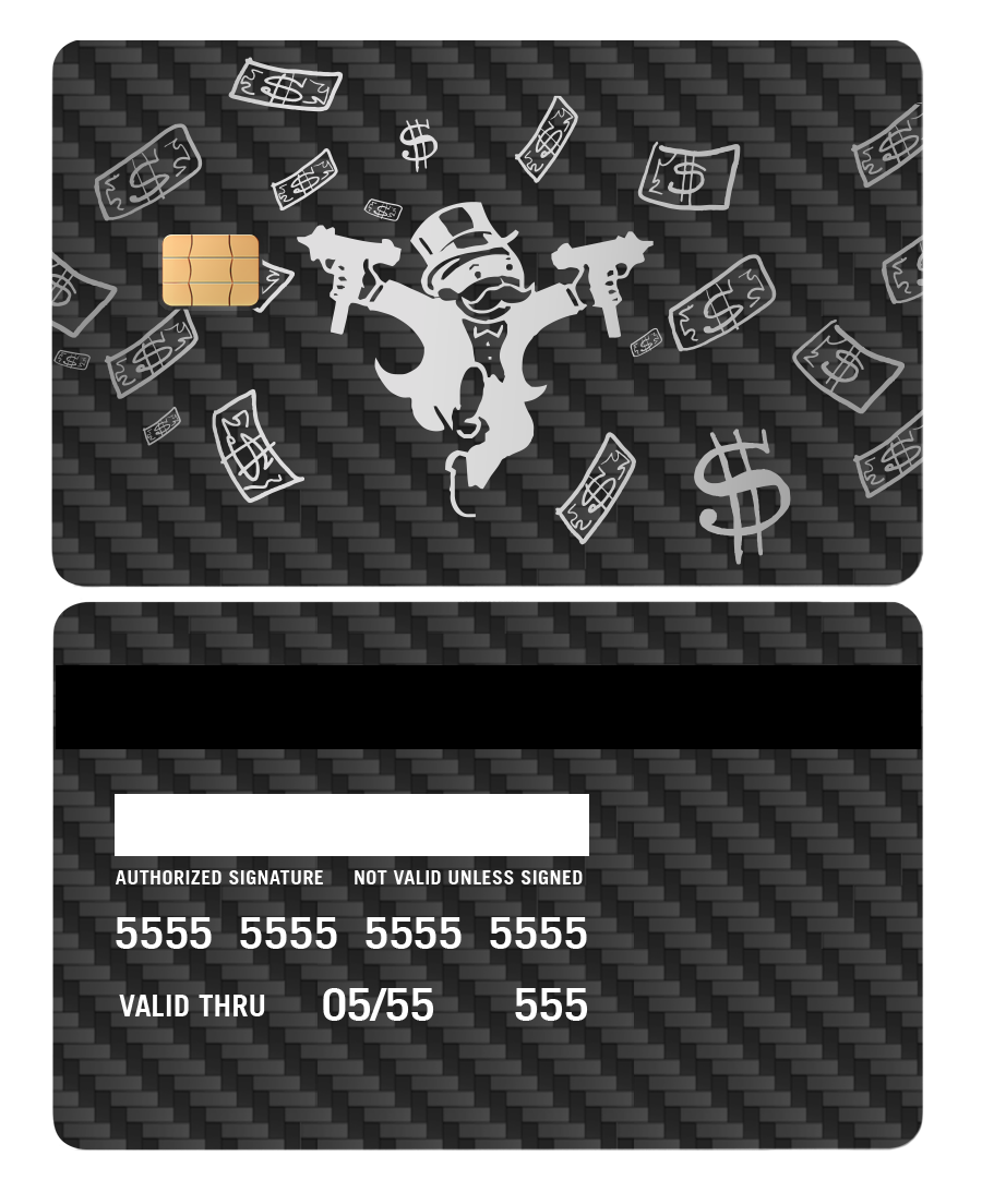 Metal card with carbon fiber texture, money cartoon, dollar bills, and gold chip design