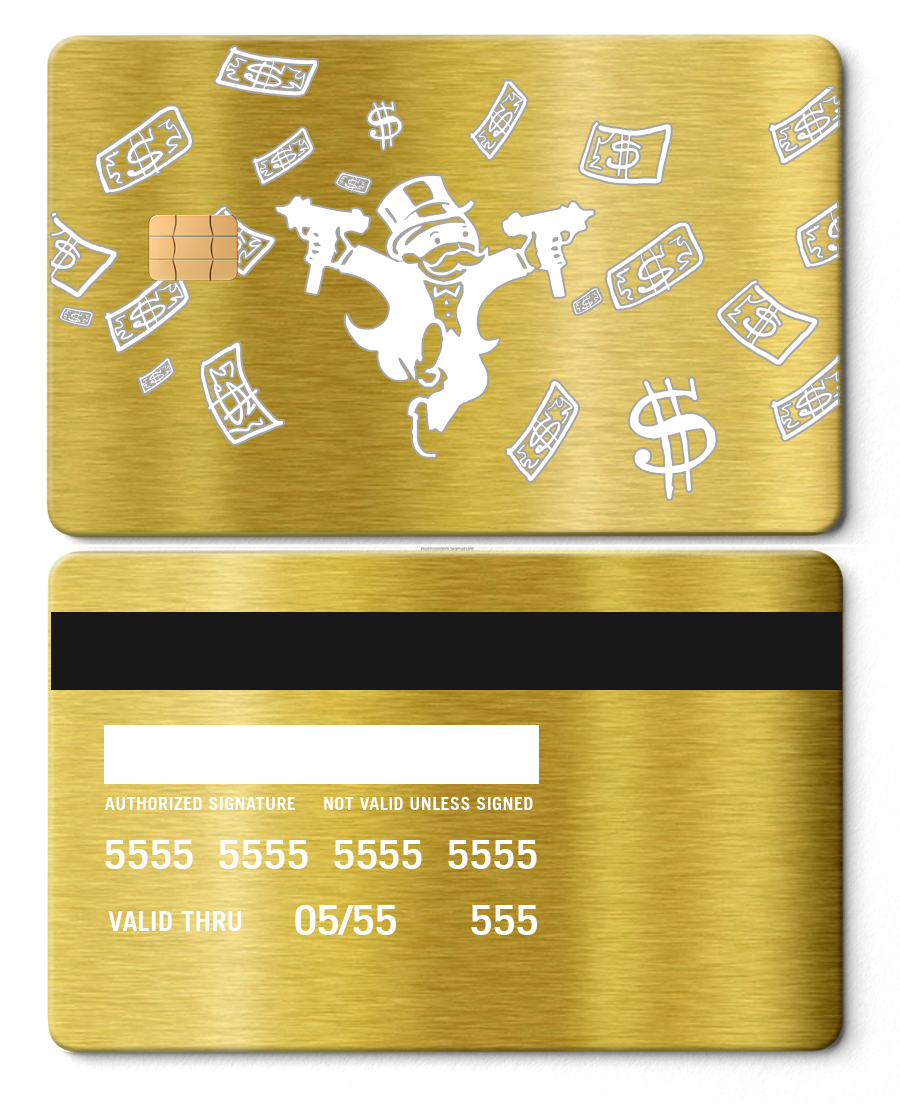 Brushed gold metal card with Monopoly theme, cartoon figure and dollar bills design, front and back view.