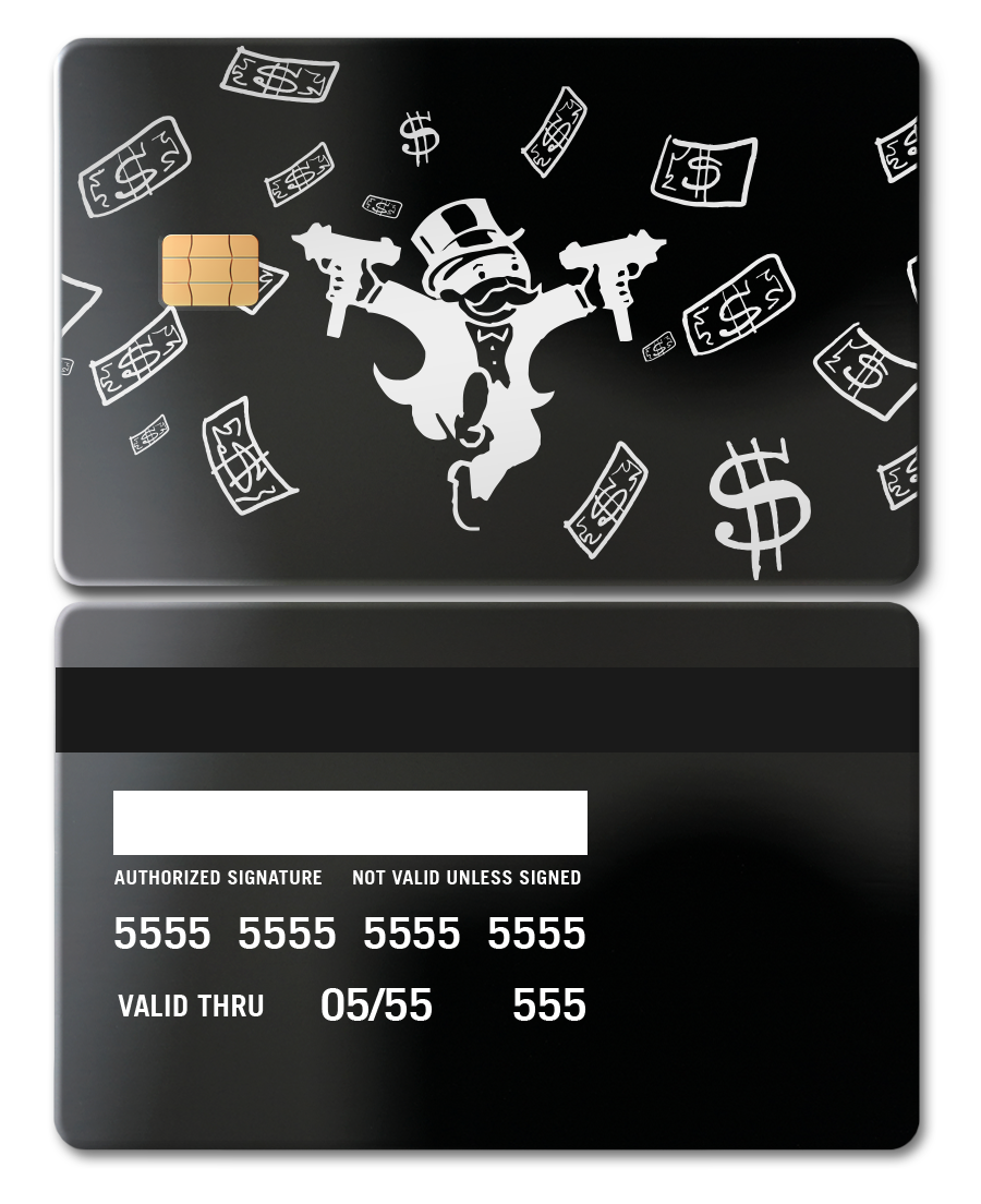 Metal card with black mirror finish, cartoon tycoon and money design, chip and magnetic strip