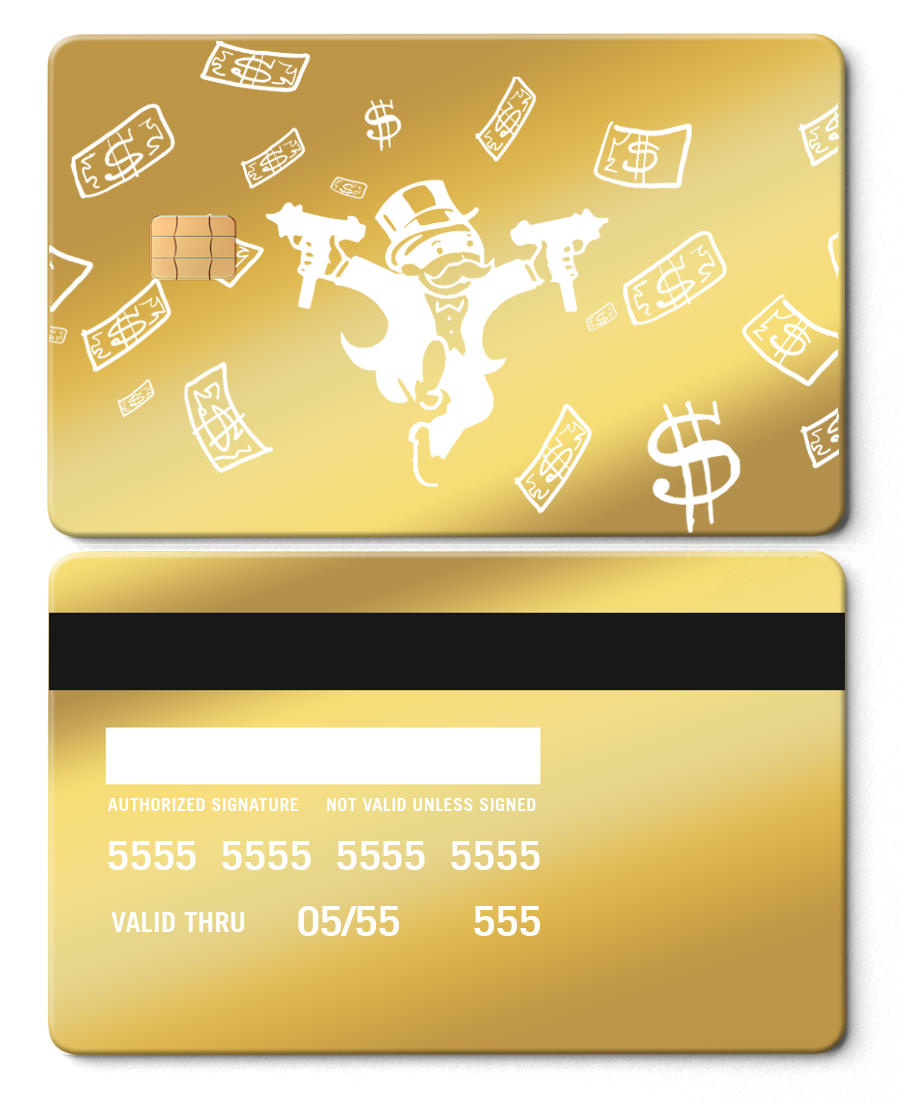 Metal gold card with cartoon character, dollar bills, and chip design on a shiny background