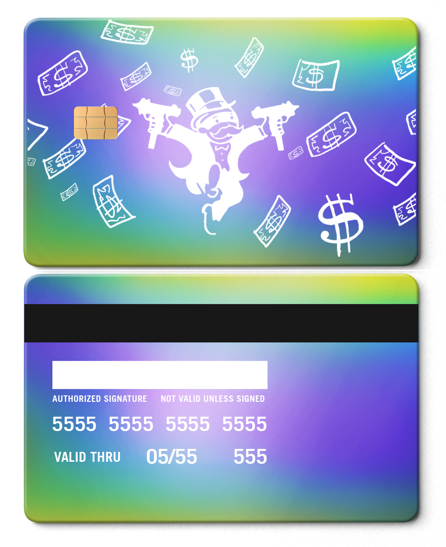 Rainbow chrome metal card with Monopoly-inspired design, money graphics, and chip.
