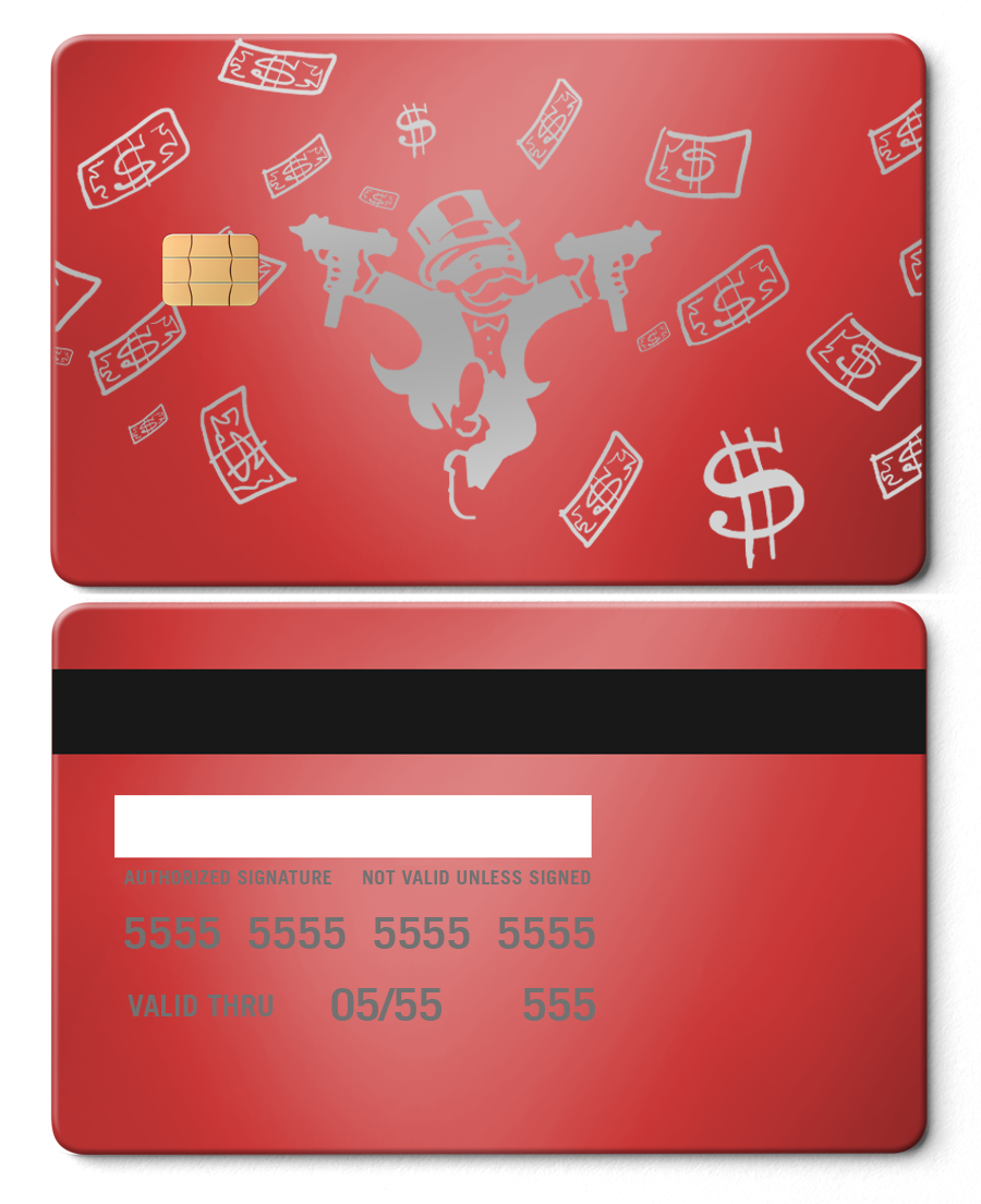 Red metal card with Monopoly-style character, dollar bills, and dollar signs design