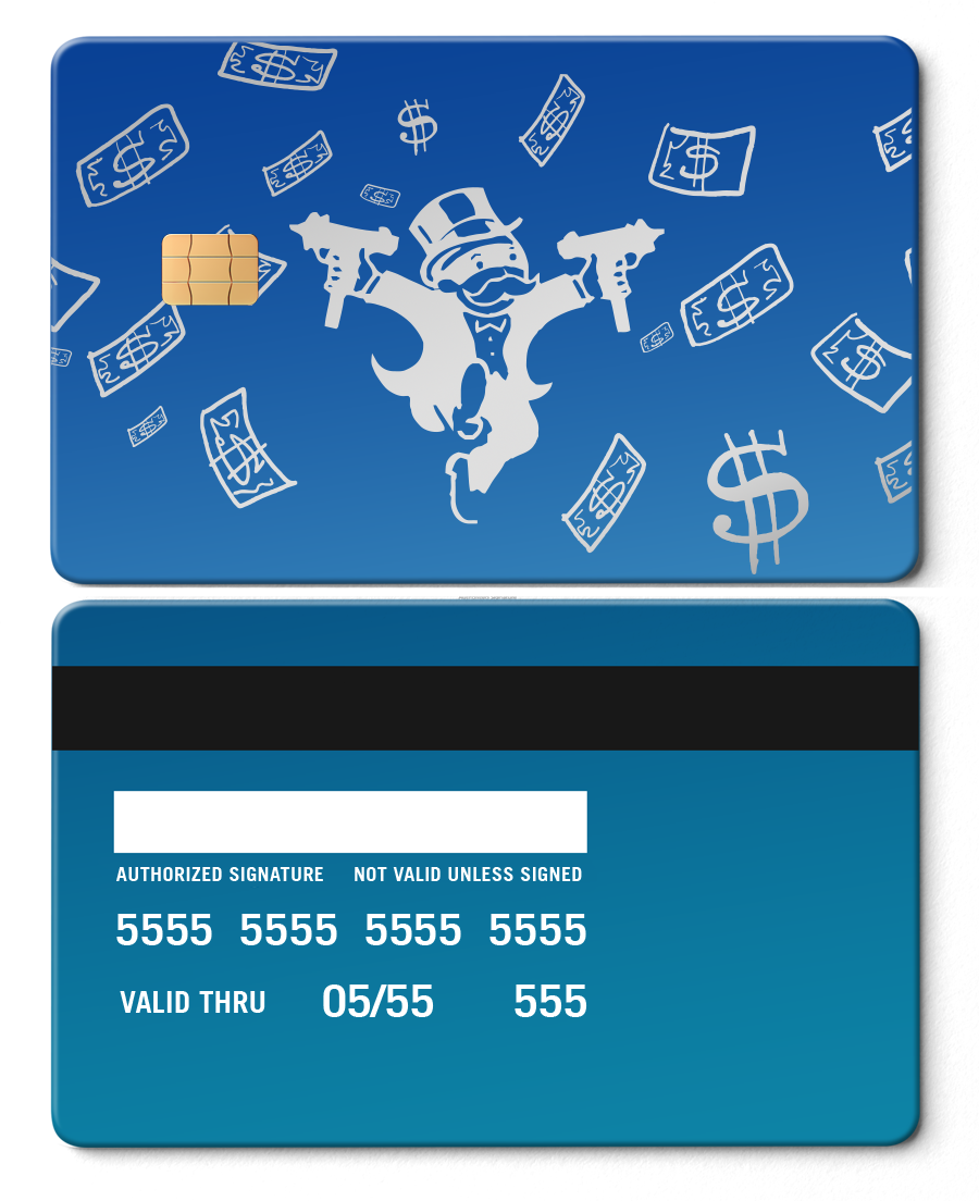 Sapphire blue metal card with cartoon wealthy man, money bills, and dollar signs design.