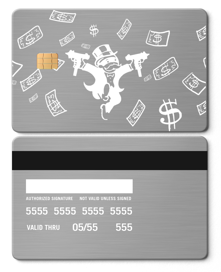 Metal card with Monopoly theme, featuring cartoon man, money, and dollar signs on silver background.