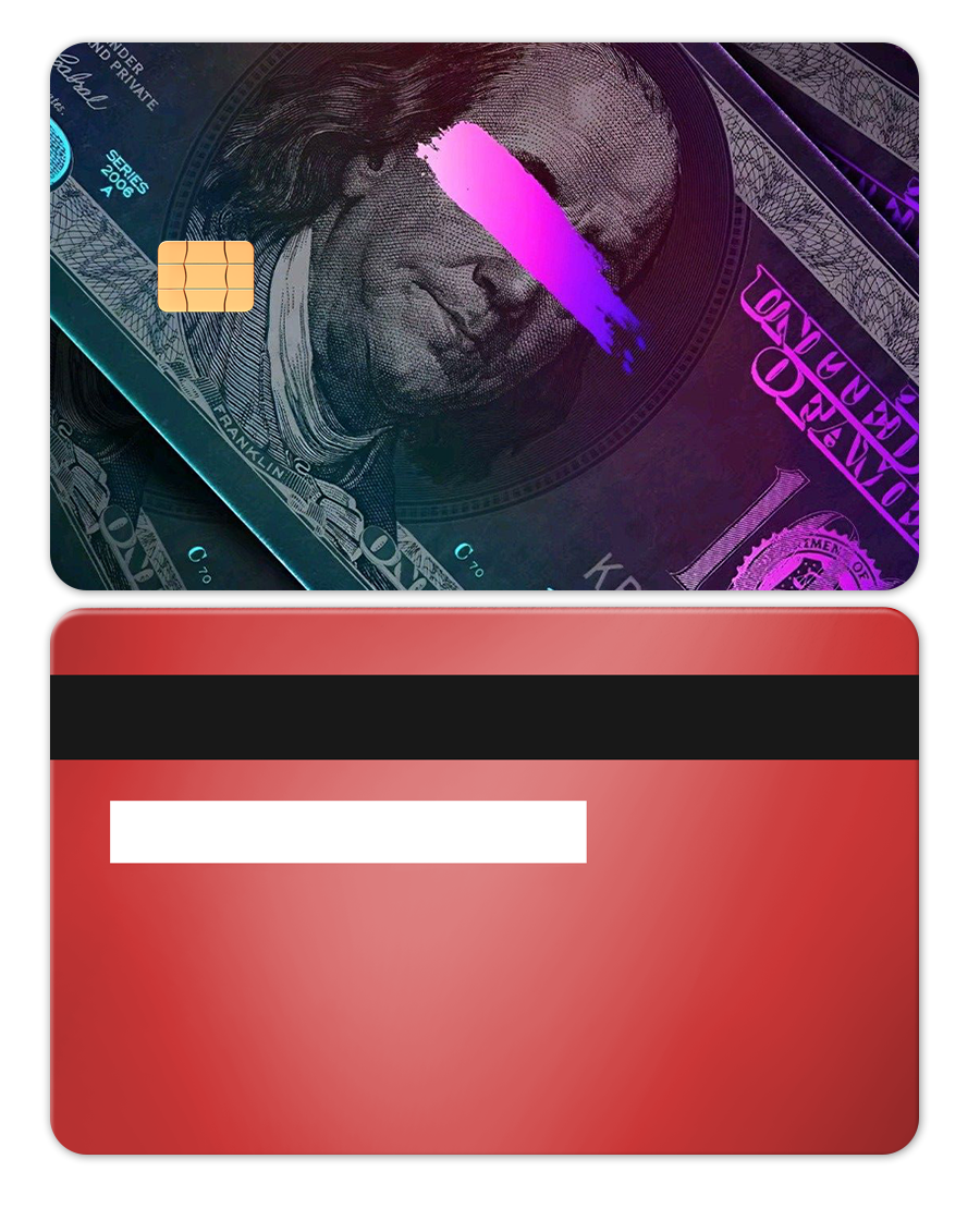 Red custom metal card with black stripe and currency art design, modern payment card