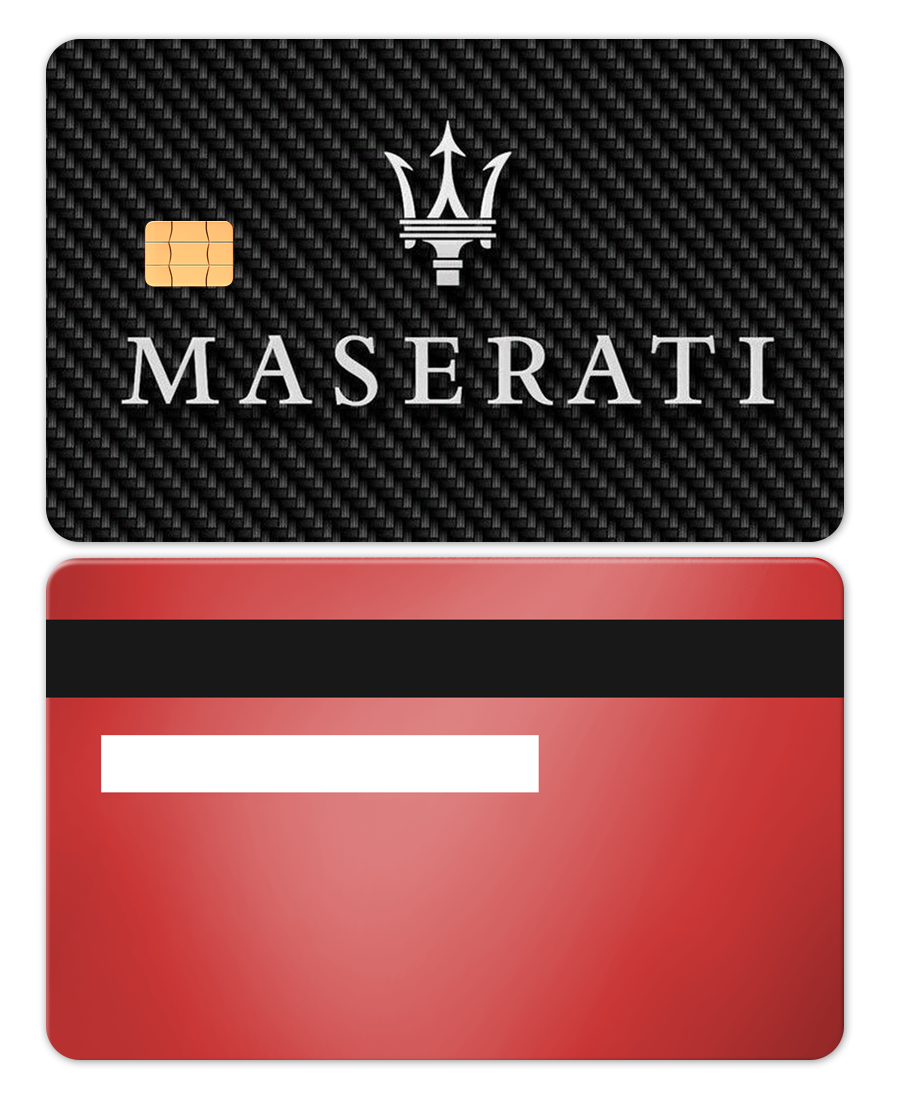 Luxury Maserati metal card with carbon fiber texture and red back design