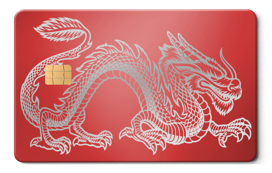 Red metal card with silver dragon engraving and EMV chip