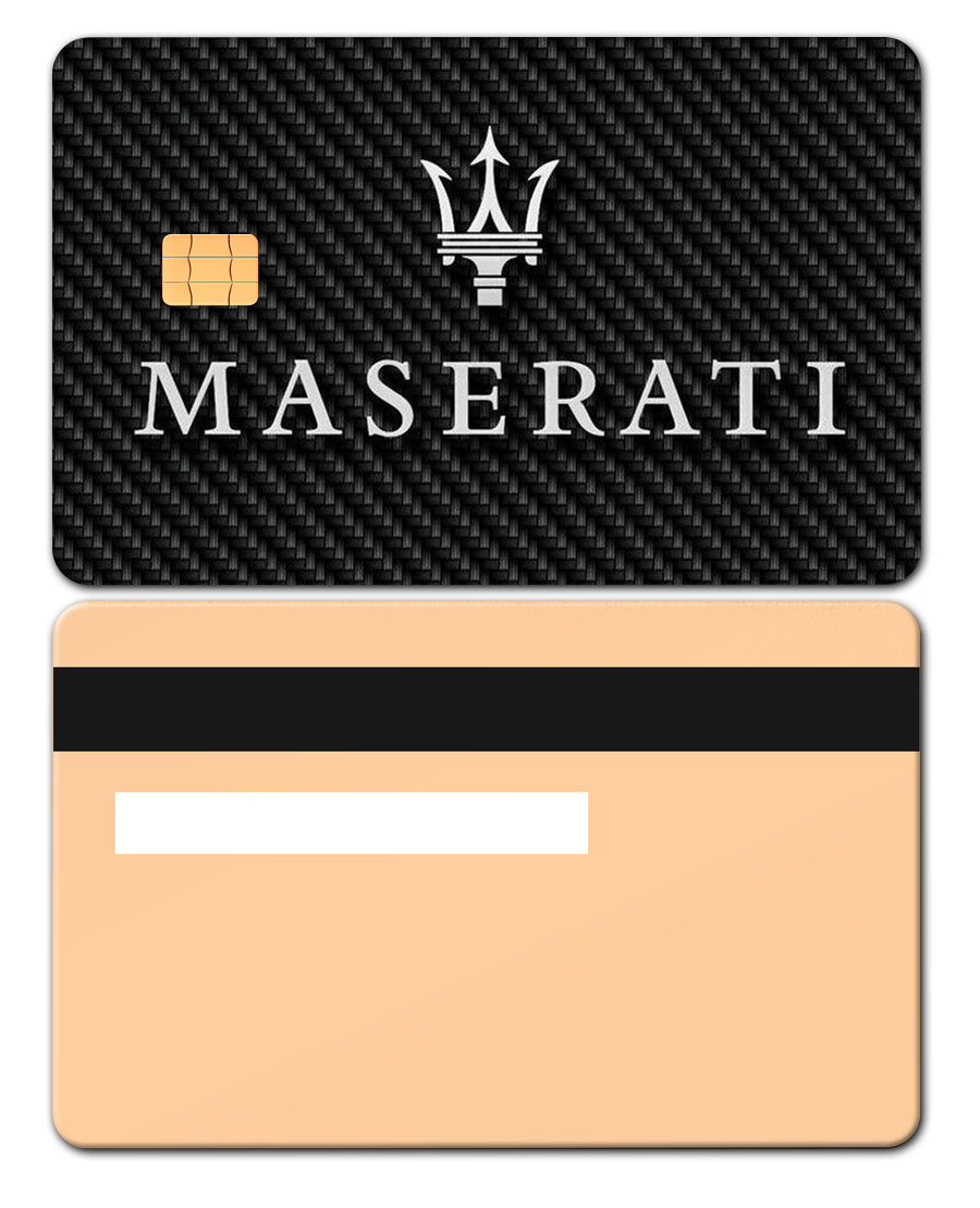 Metal Maserati card with black carbon fiber front and rose gold back design
